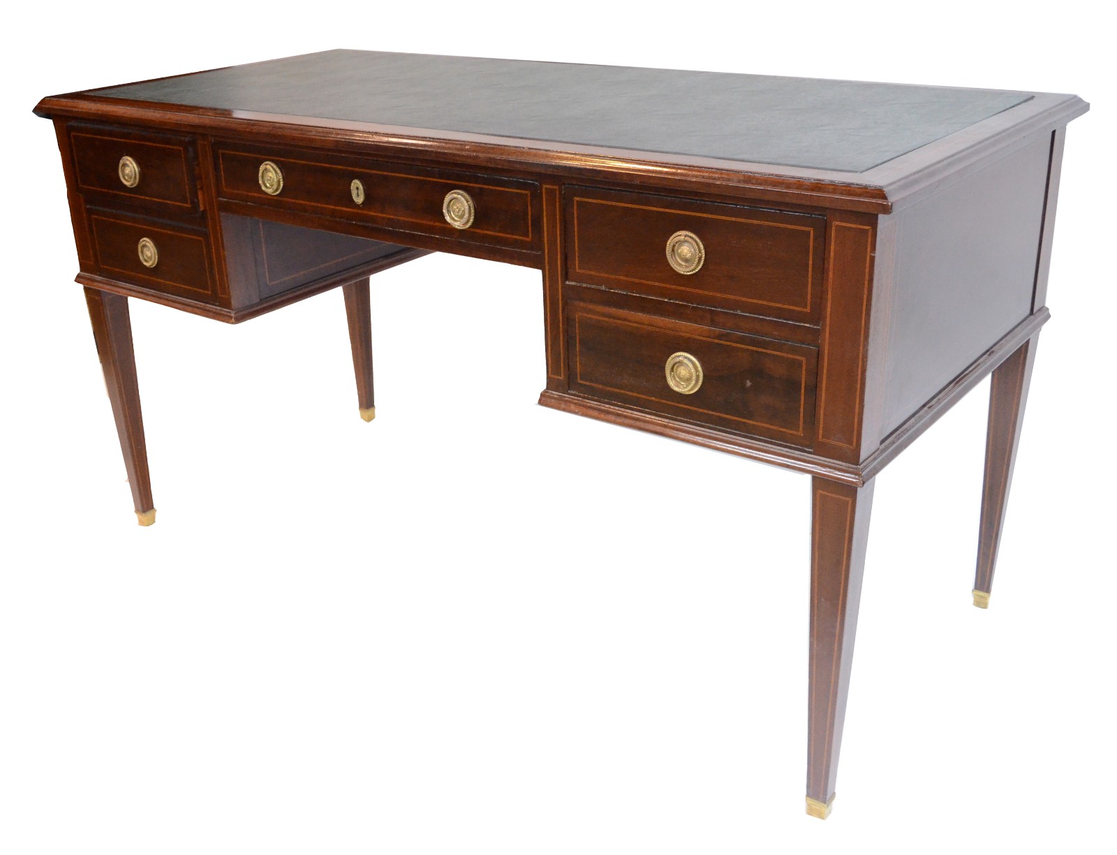 Mesa de escritório de madeira nobre filetada, tampo forrado com couro... - foto 1 de 6