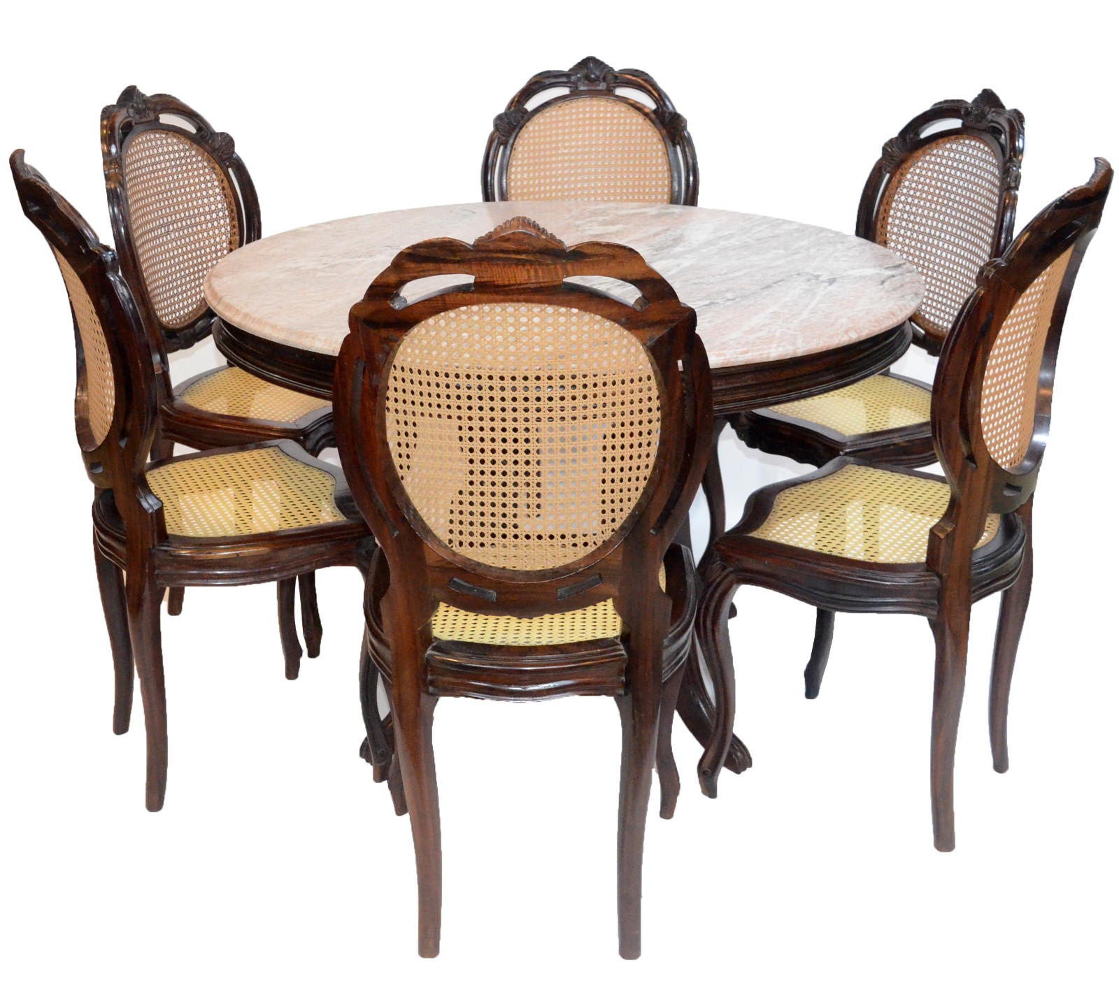 Mesa de jantar de madeira nobre com tampo de mármore redondo, apoio... - foto 1 de 10