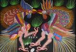 Chico da Silva (1910-1985), Galos - Óleo sobre tela. Datado 1974.