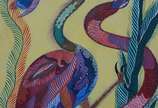 Chico da Silva (1910-1985), Pássaro e Cobra - Óleo sobre tela. Datado 1973.