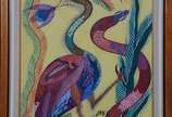 Chico da Silva (1910-1985), Pássaro e Cobra - Óleo sobre tela. Datado 1973.