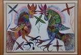 Chico da Silva (1910-1985), Galos - Óleo sobre tela. Datado 1973.