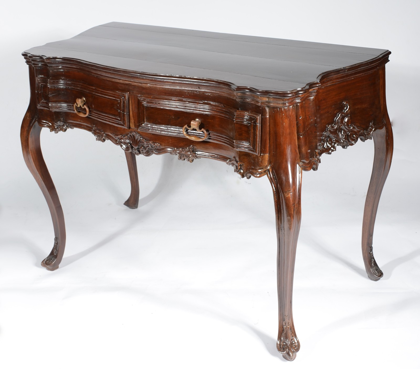 Mesa de encostar de madeira nobre, estilo Dom José, duas gavetas com... - foto 1 de 8