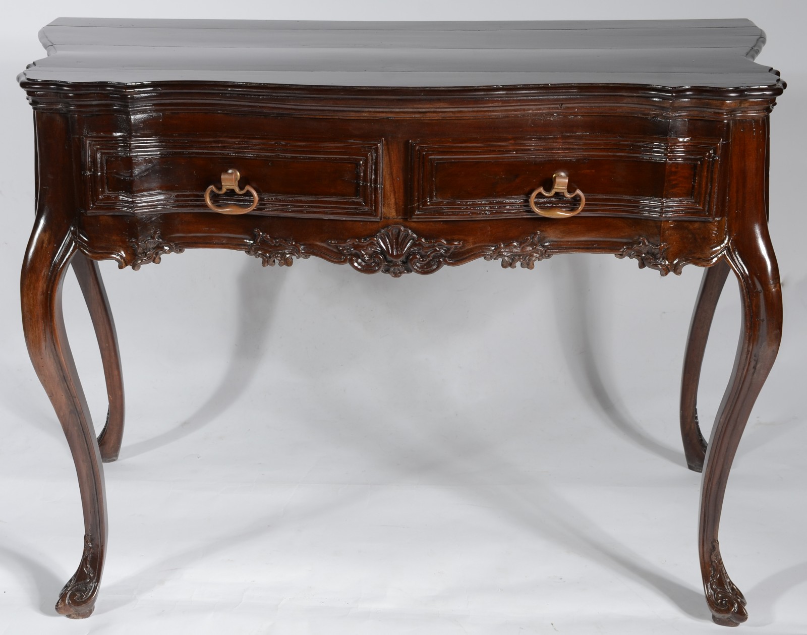 Mesa de encostar de madeira nobre, estilo Dom José, duas gavetas com... - foto 2 de 8