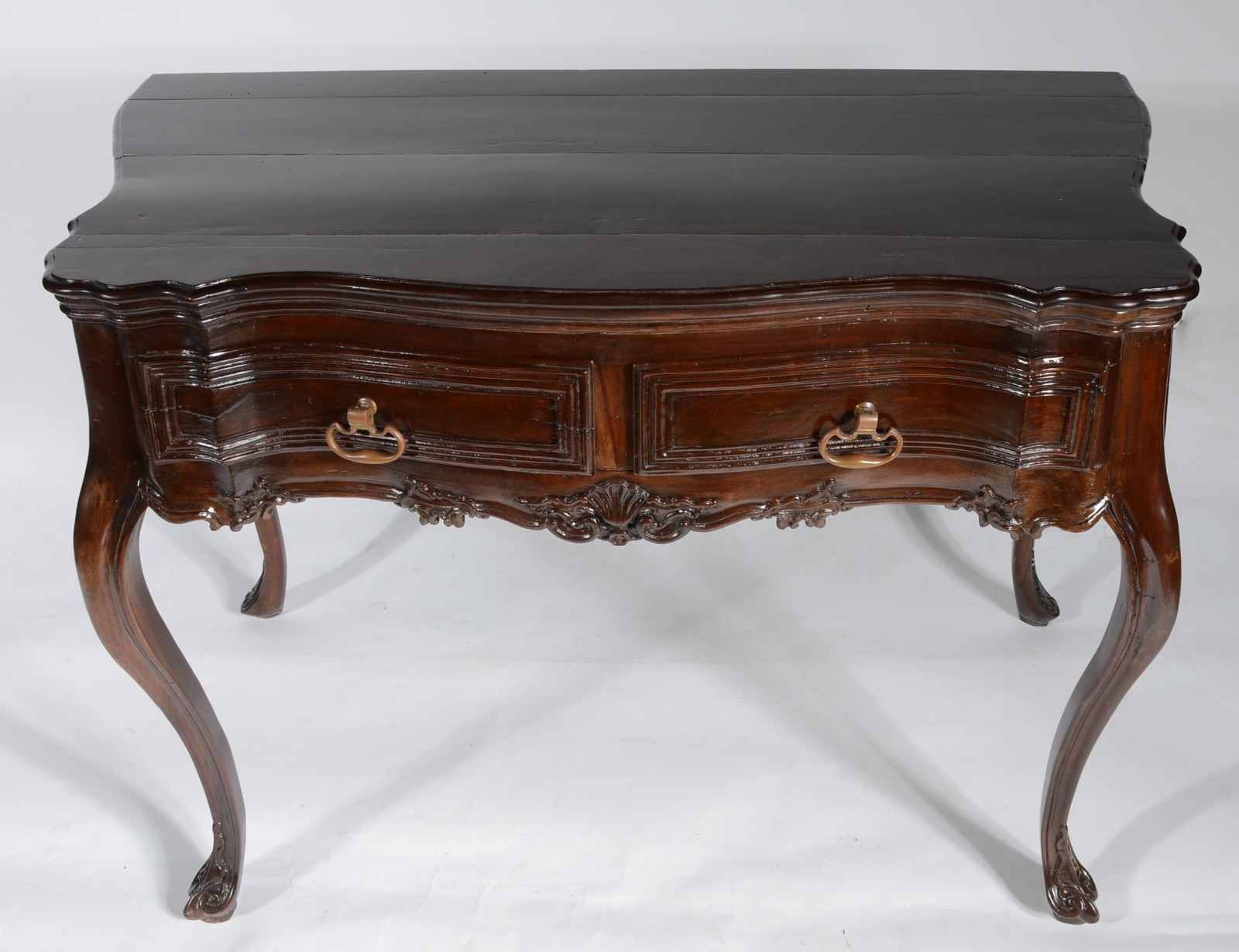 Mesa de encostar de madeira nobre, estilo Dom José, duas gavetas com... - foto 3 de 8