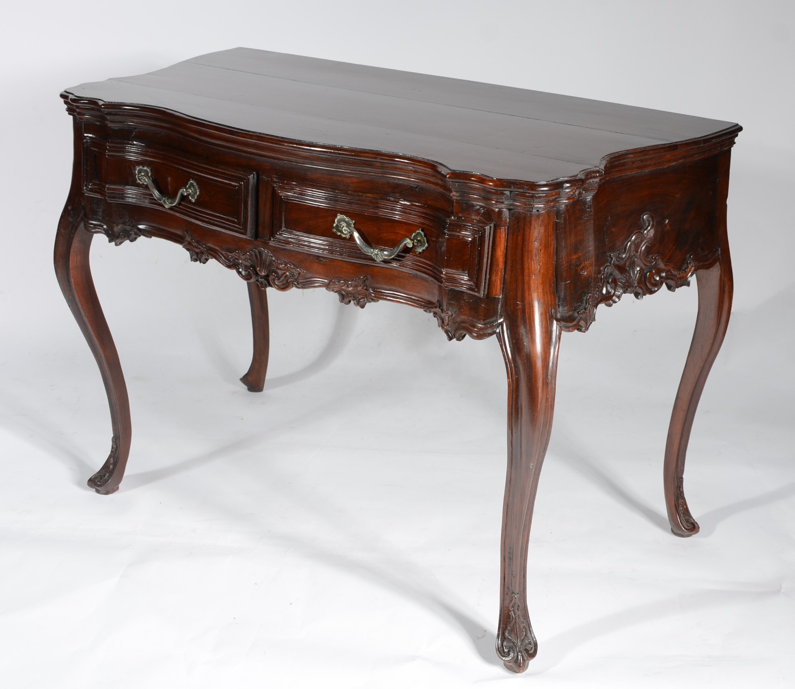 Mesa de encostar de madeira nobre, estilo Dom José, duas gavetas com... - foto 1 de 9