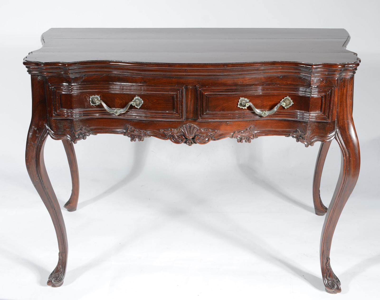 Mesa de encostar de madeira nobre, estilo Dom José, duas gavetas com... - foto 2 de 9