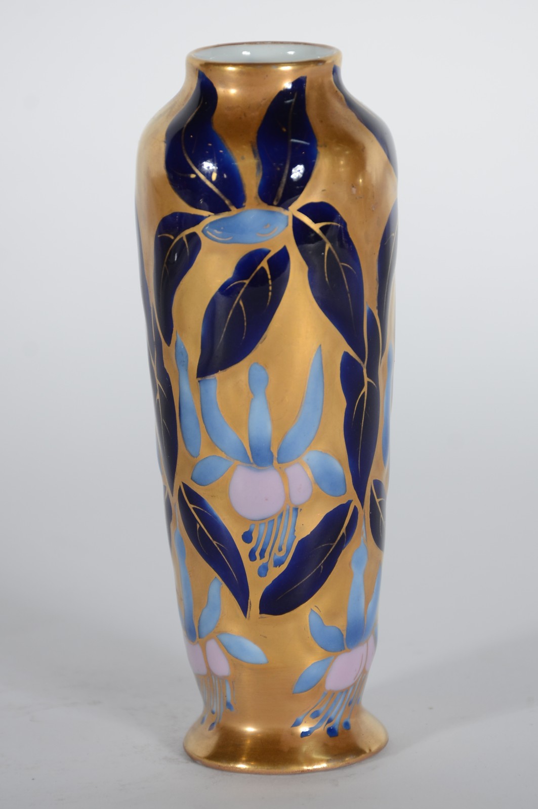Pequeno vaso de porcelana francesa dourada com folhas azuis. Mínimos... - foto 1 de 3