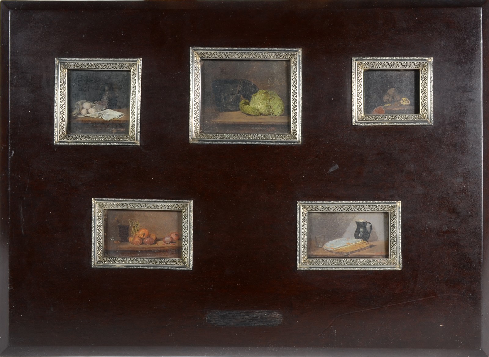 Quadro com cinco miniaturas de natureza morta pintados a óleo sobre... - foto 1 de 7