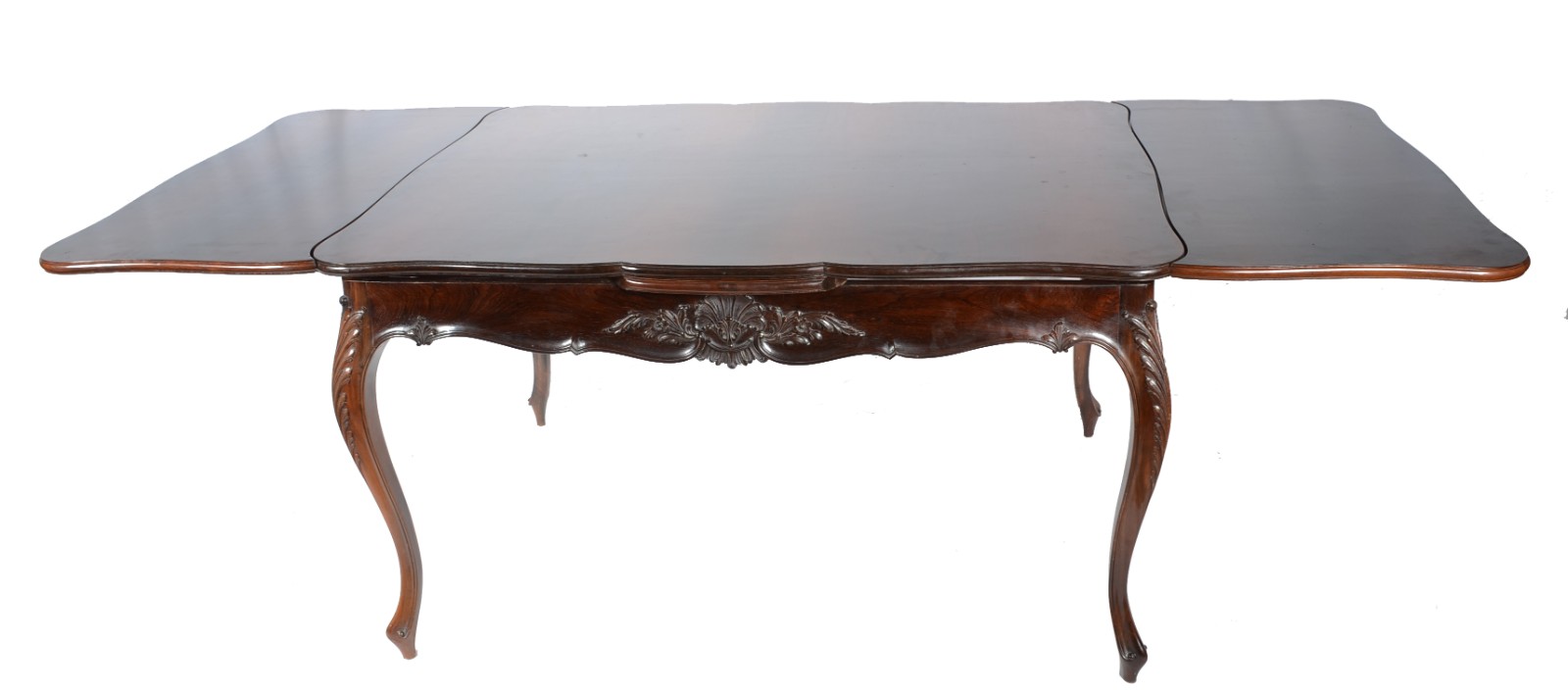 Belíssima mesa de jantar de jacarandá, estilo Luis XV, tampo com duas... - foto 1 de 5
