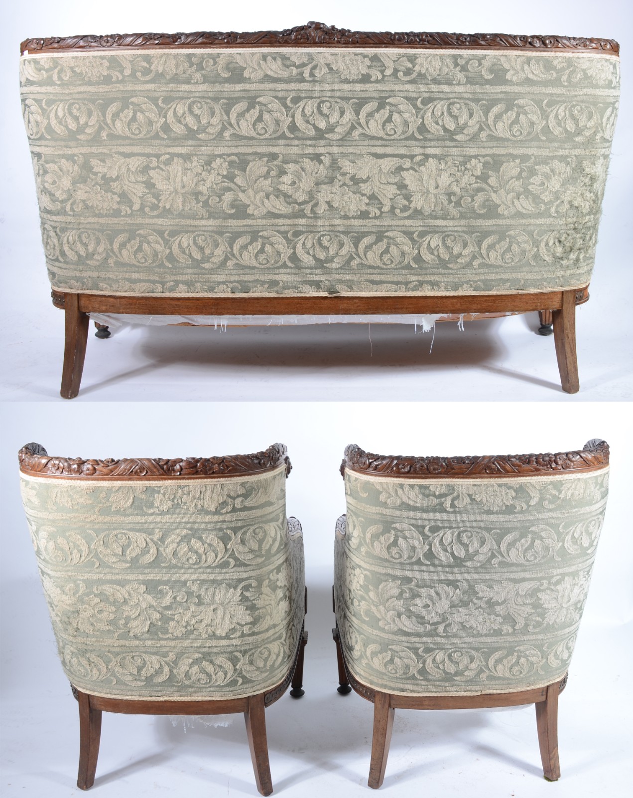 Conjunto de sofá e par de poltronas de madeira nobre, trabalhos de... - foto 5 de 11