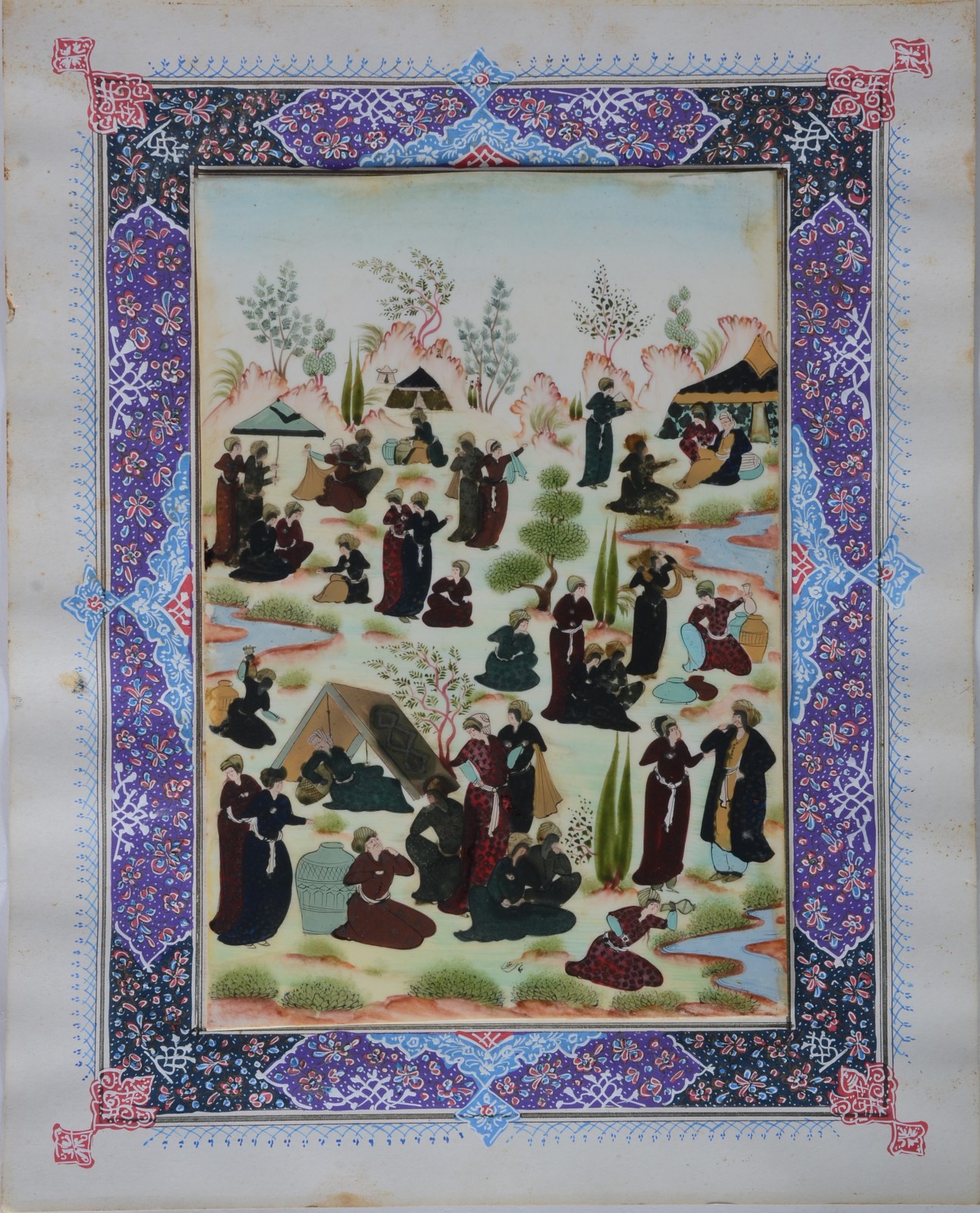 Pintura oriental sobre placa de acetado representando figuras e... - foto 1 de 5