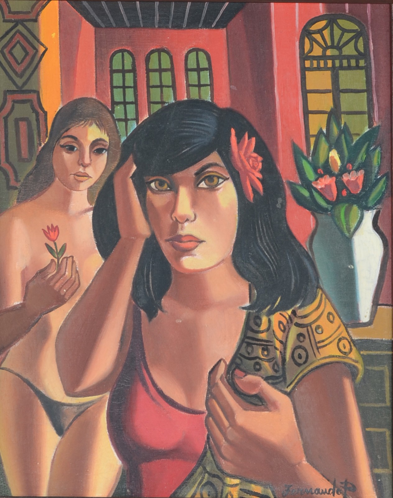 Fernando P. (1917-2005), Figuras femininas e vaso de flores - foto 1 de 5