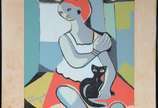 Di Cavalcanti (1897-1976), Mulher com Gato - Técnica mista sobre papel. Pontos de fungos. Datado 73.