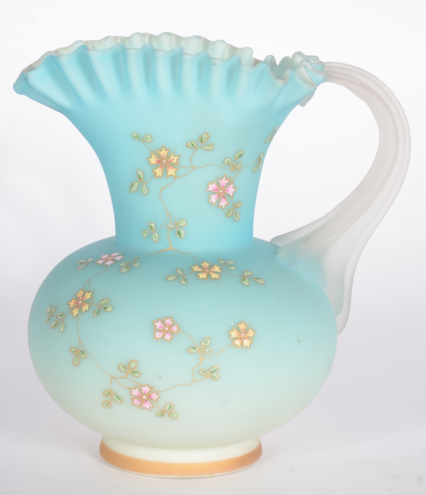 Jarra de opalina azul decorada com flores esmaltadas, borda feitio... - foto 1 de 4