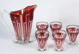 Conjunto de jarra com 5 copos antigos na cor ru... - Conjunto de jarra com 5 copos antigos na cor rubi,  Art Deco.