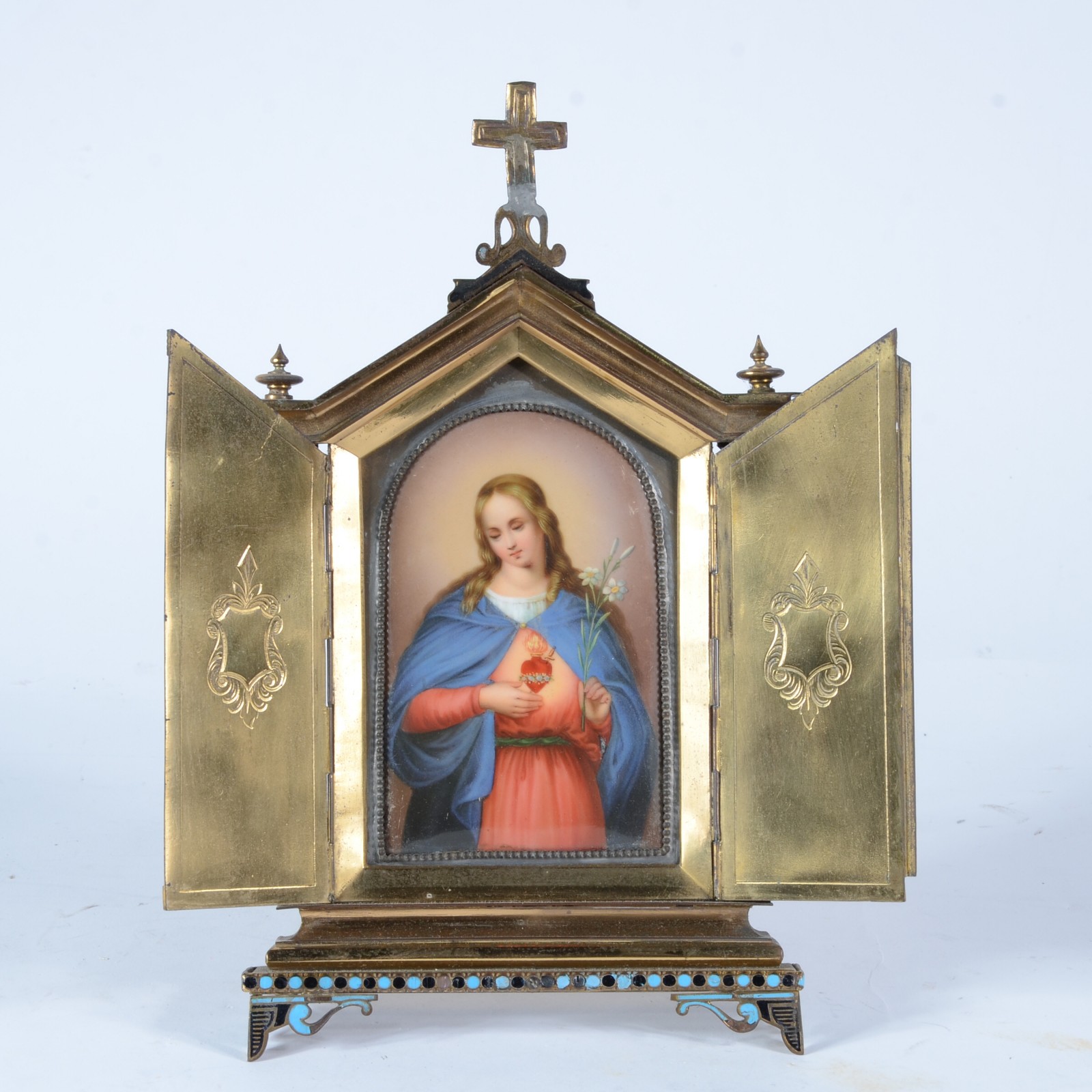 Oratório de viagem em bronze com imagem devocional de Sagrado coração... - foto 1 de 5