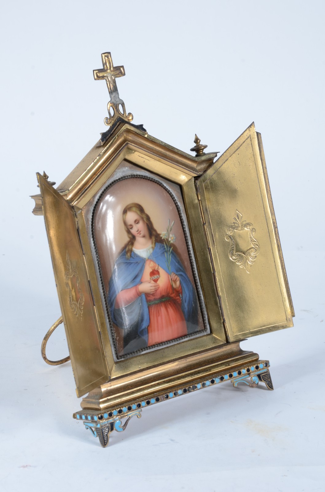 Oratório de viagem em bronze com imagem devocional de Sagrado coração... - foto 2 de 5