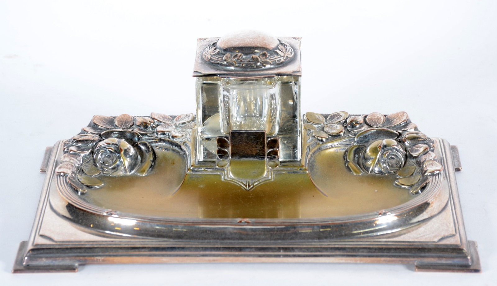 Tinteiro de metal com recipiente de cristal (lascados). Desgastes. - foto 2 de 9