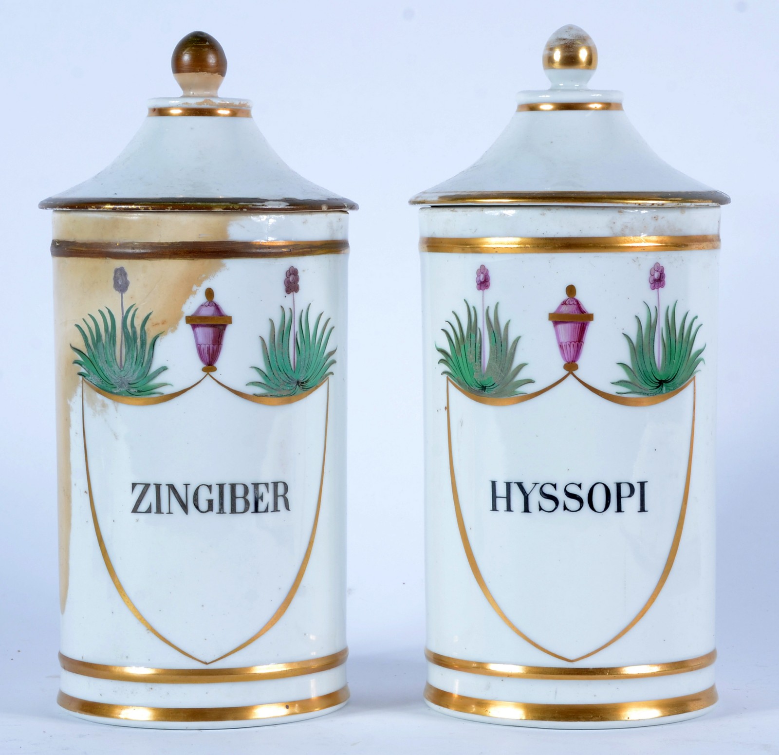 Par de potes de farmácia de porcelana européia, inscrição "ZINGIBER"... - foto 1 de 6
