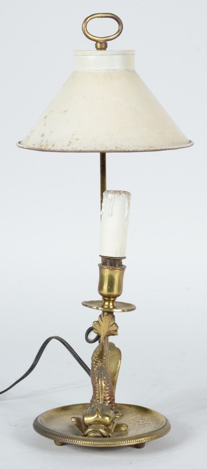 Abatjour de metal dourado com figura de "golfinho", manga pintada de... - foto 2 de 5