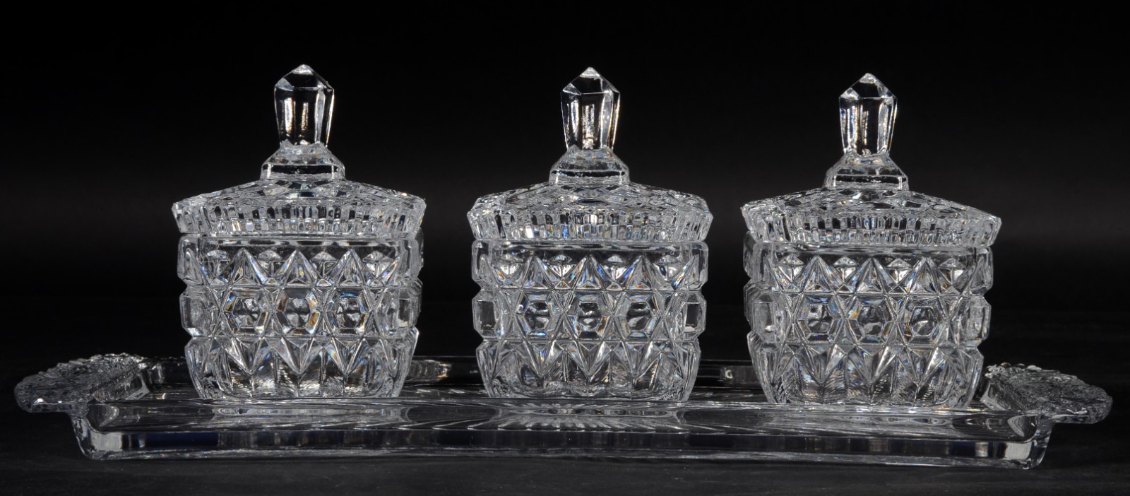 Conjunto com três potiches para geleia e travessa de cristal europeu... - foto 1 de 6