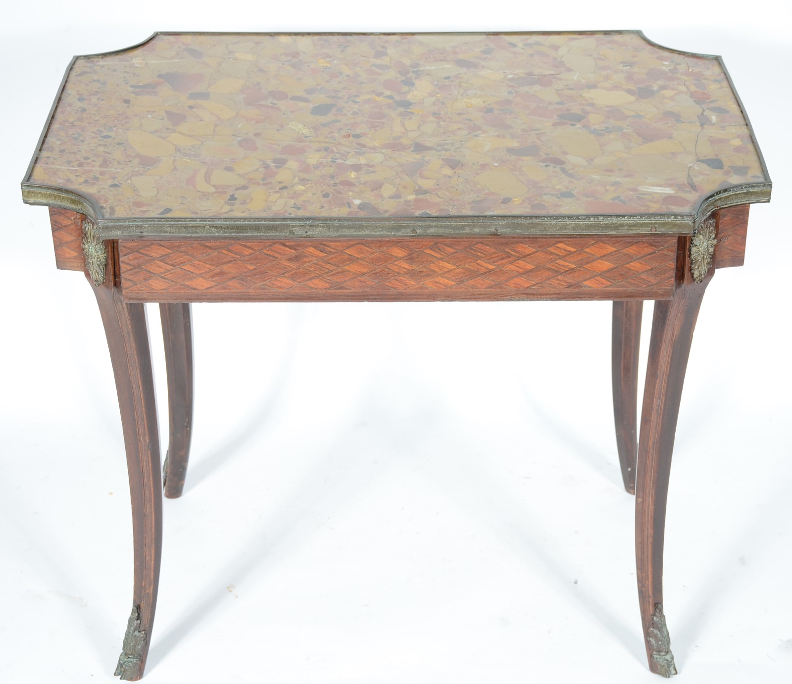 Mesa auxiliar de madeira nobre parquetada, estilo francês, tampo de... - foto 3 de 6