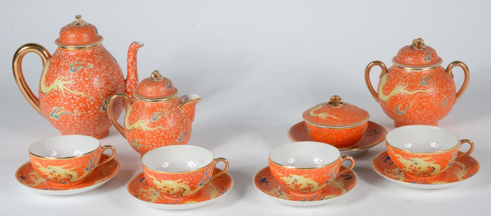 Serviço de chá de porcelana chinesa laranja com dragão em relevo... - foto 1 de 7