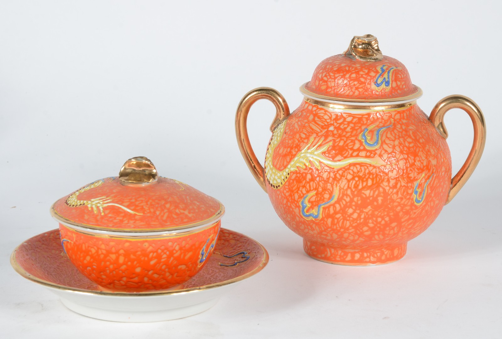 Serviço de chá de porcelana chinesa laranja com dragão em relevo... - foto 3 de 7