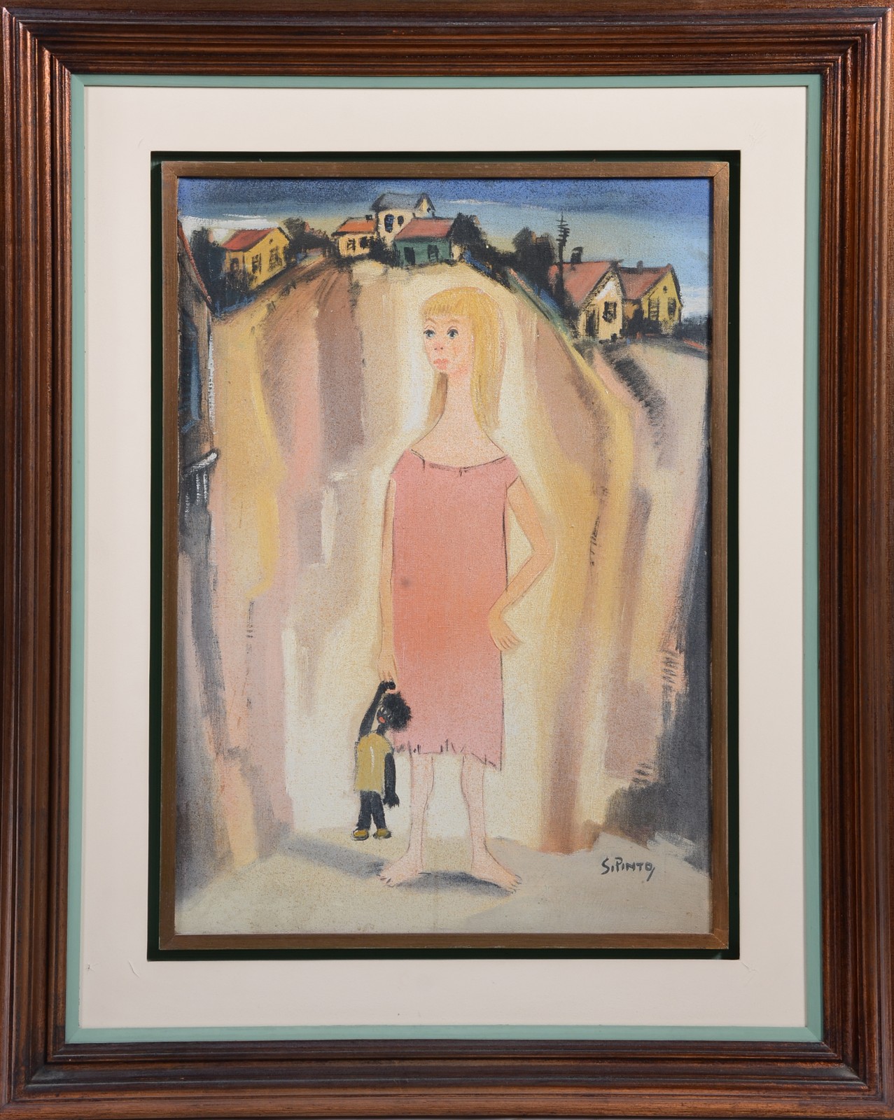 Sylvio Pinto (1918-1997), Menina com boneca, casario ao fundo - foto 2 de 4