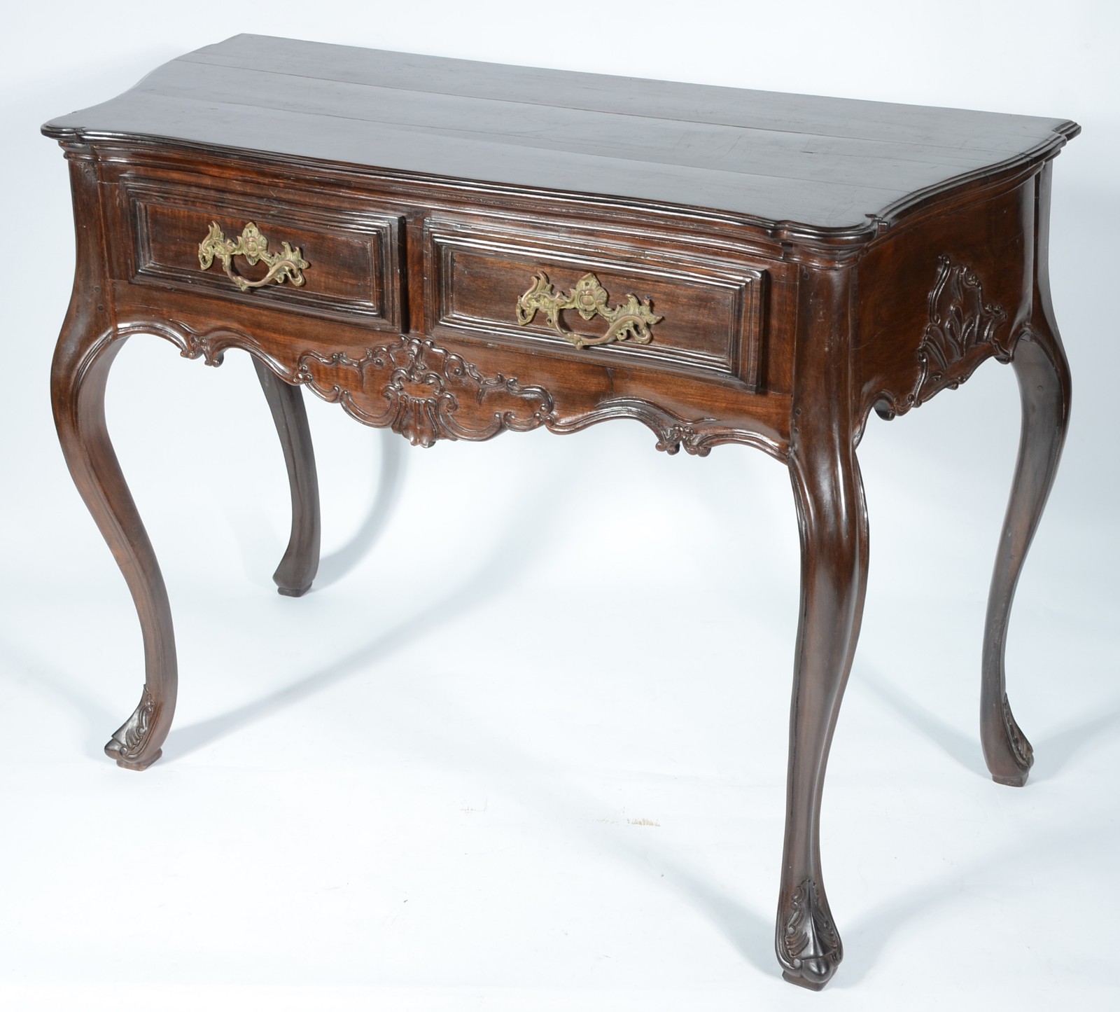 Mesa de encostar de madeira nobre, estilo Dom José, duas gavetas com... - foto 1 de 6