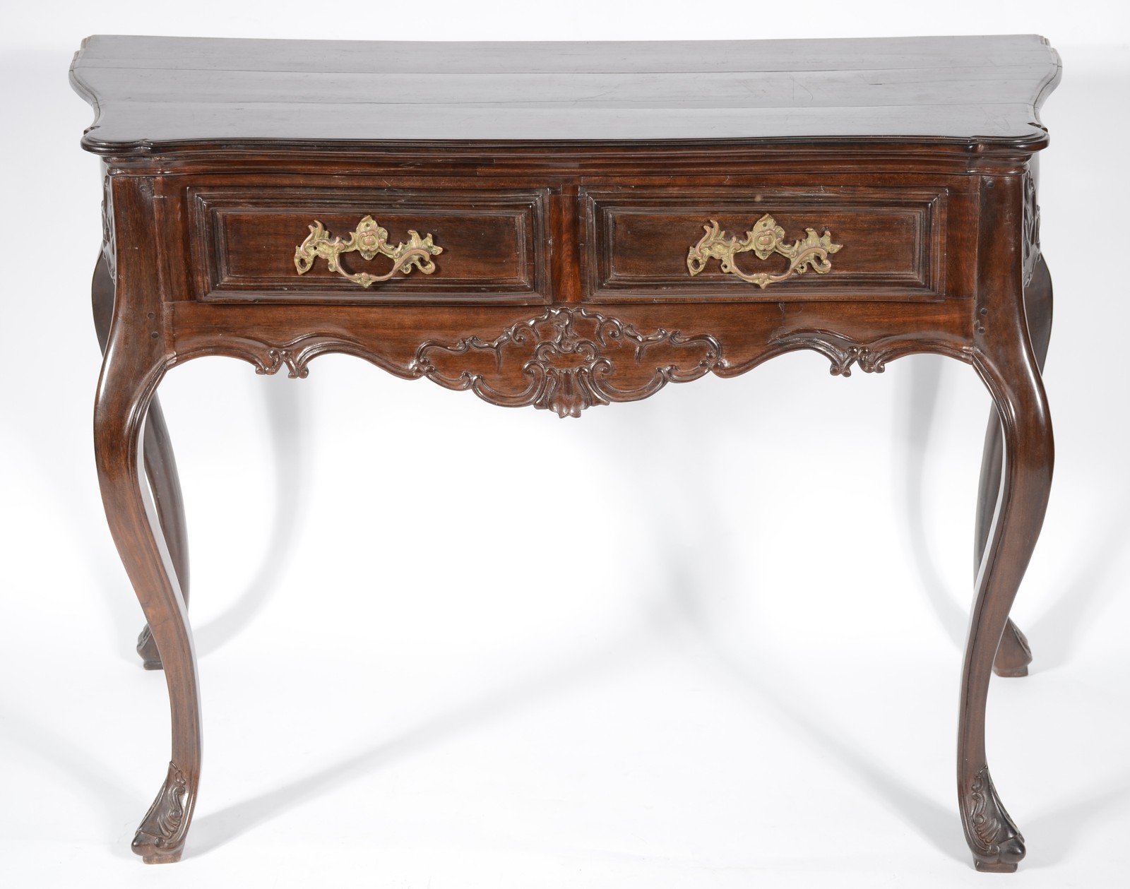 Mesa de encostar de madeira nobre, estilo Dom José, duas gavetas com... - foto 2 de 6