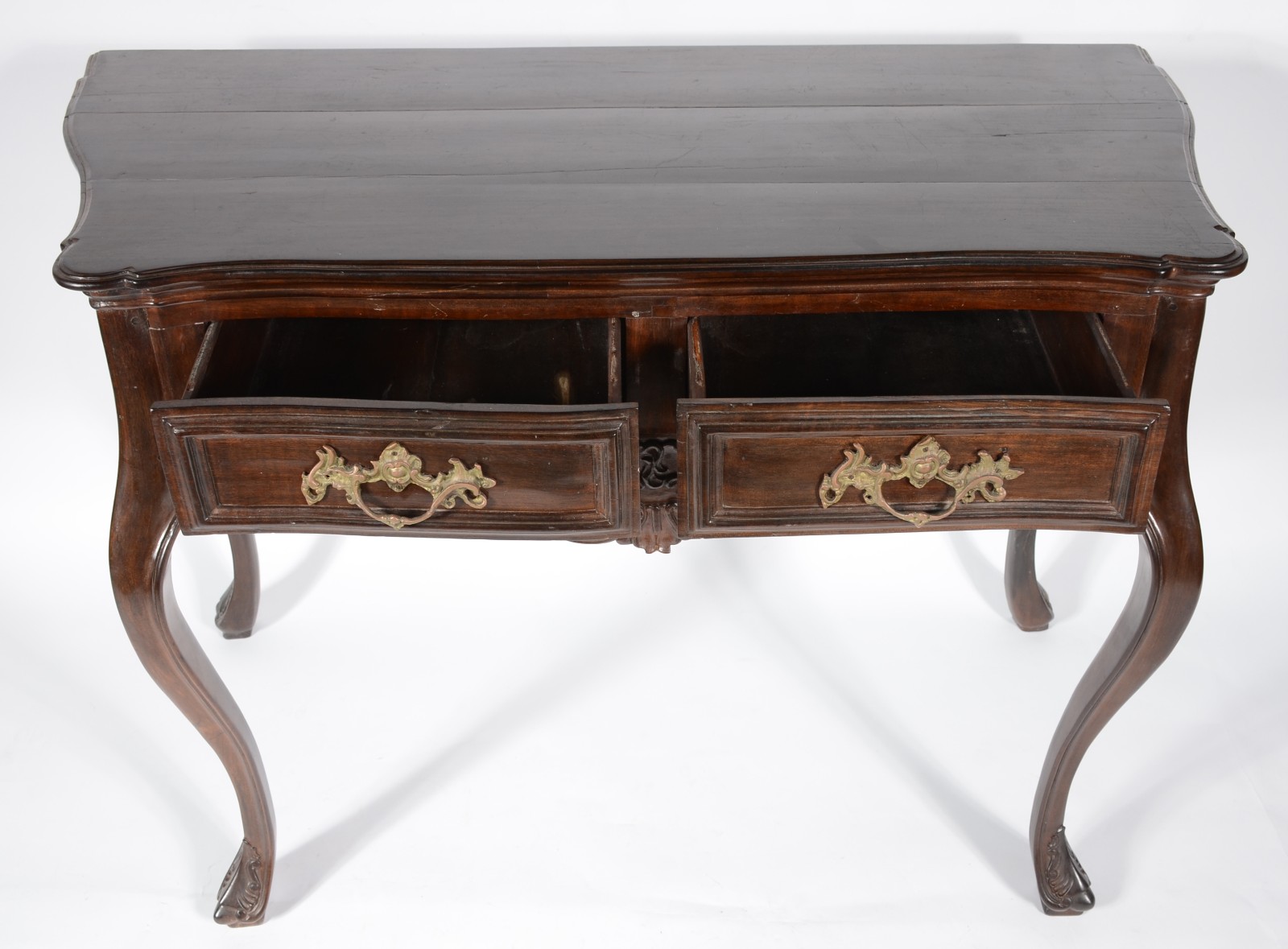 Mesa de encostar de madeira nobre, estilo Dom José, duas gavetas com... - foto 3 de 6