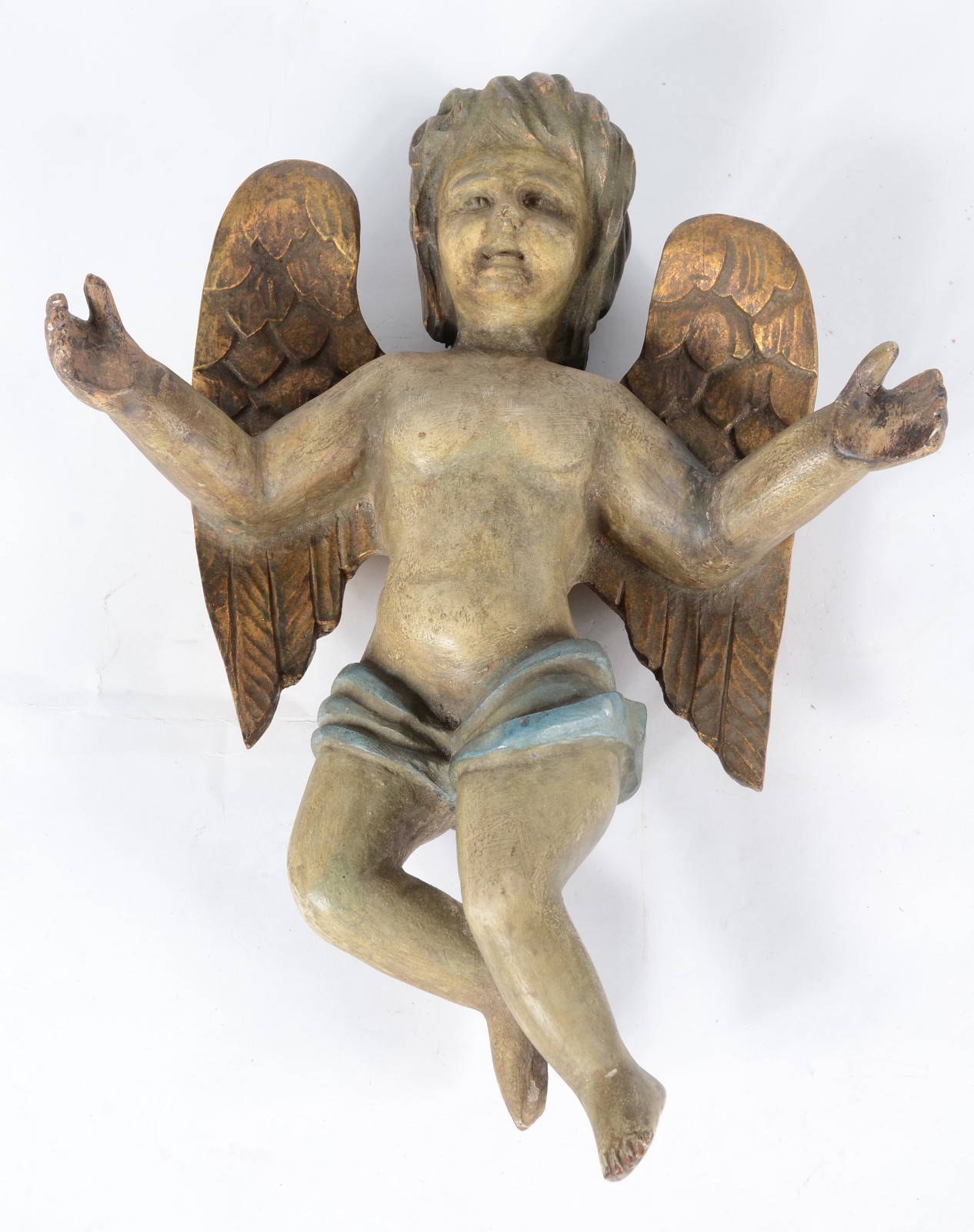 Figura de anjo de madeira policromada. Pequenos desgastes. - foto 1 de 3