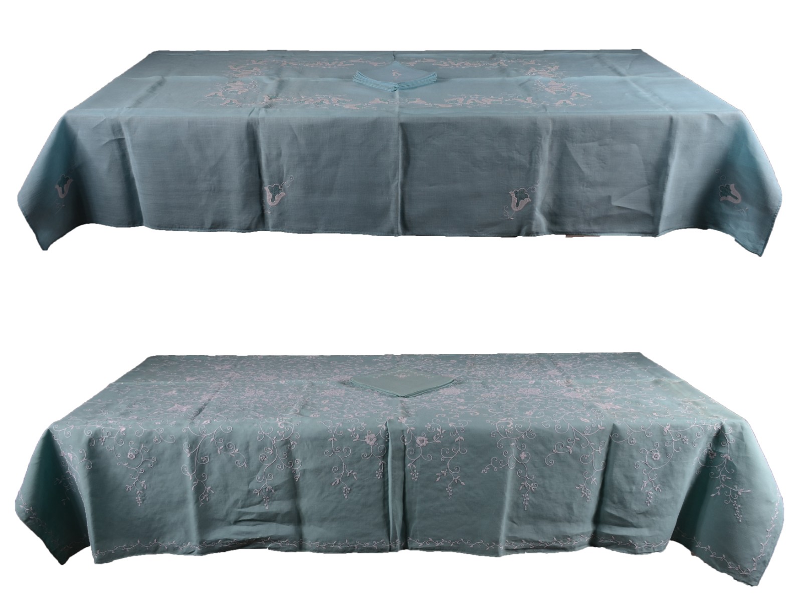 Duas toalhas de mesa de linho verde com bordados. Acompanham 8... - foto 1 de 7