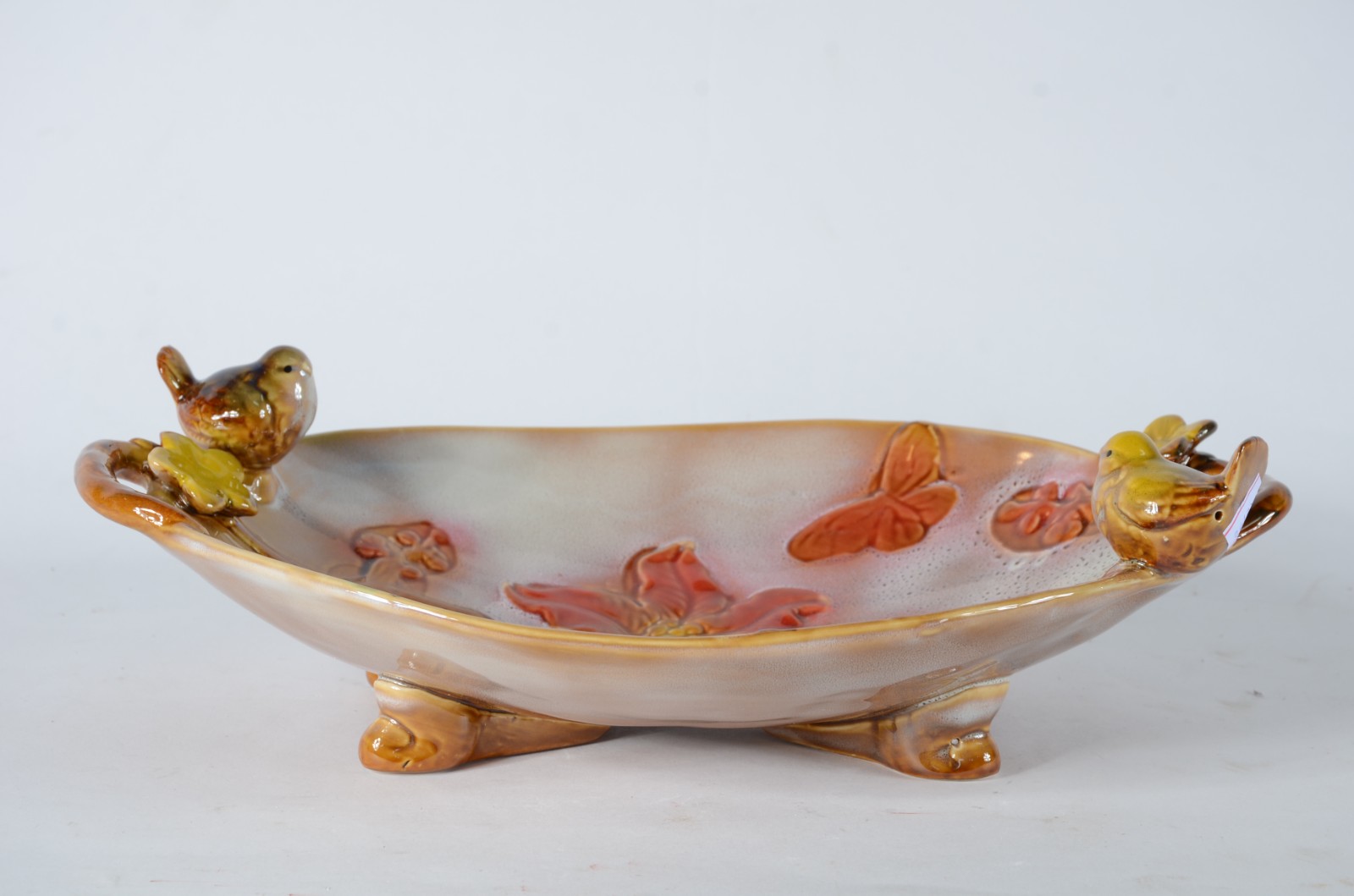 Fruteira/ centro de mesa de porcelana com pássaros em relevo em... - foto 1 de 6