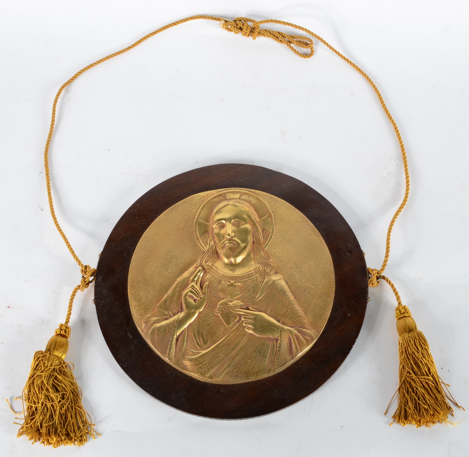 Sagrado coração de Jesus - Placa de metal dourado presa a moldura de... - foto 1 de 5