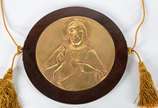 Sagrado coração de Jesus - Placa de metal doura... - Sagrado coração de Jesus - Placa de metal dourado presa a moldura de madeira.