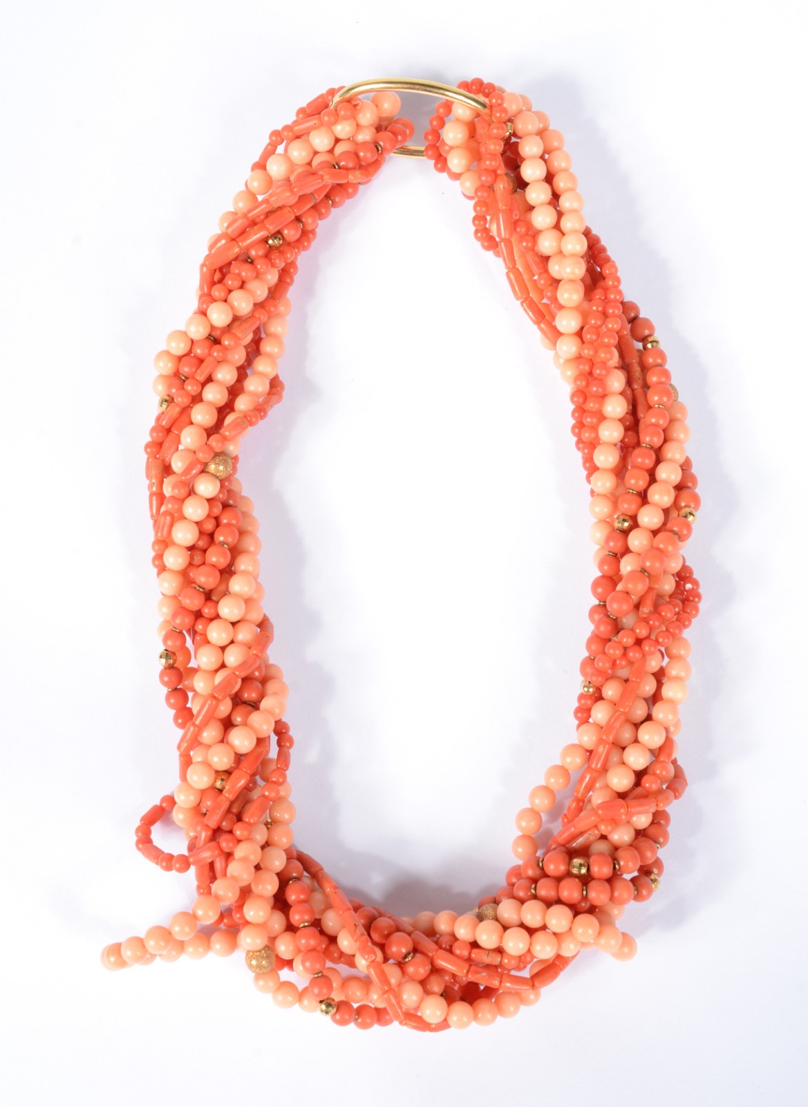 Colar "torsade" de pedras coral intercalada com bolinhas e fecho de... - foto 1 de 6