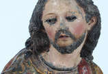  Presepio de madeira policromada, formada por M... -  Presepio de madeira policromada, formada por Menino Jesus em posição budica, Maria e Jose, Sec.XVIII .