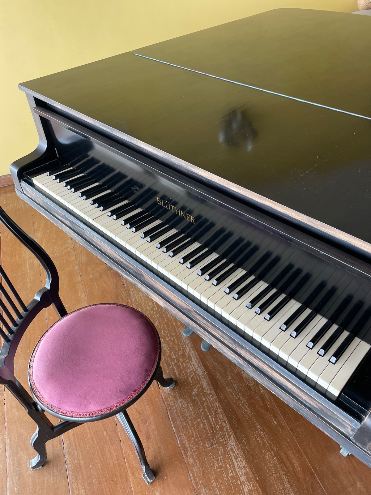 Piano alemão de 1/4 de cauda, caixa em lacca negra, sobre rodízios... - foto 5 de 9