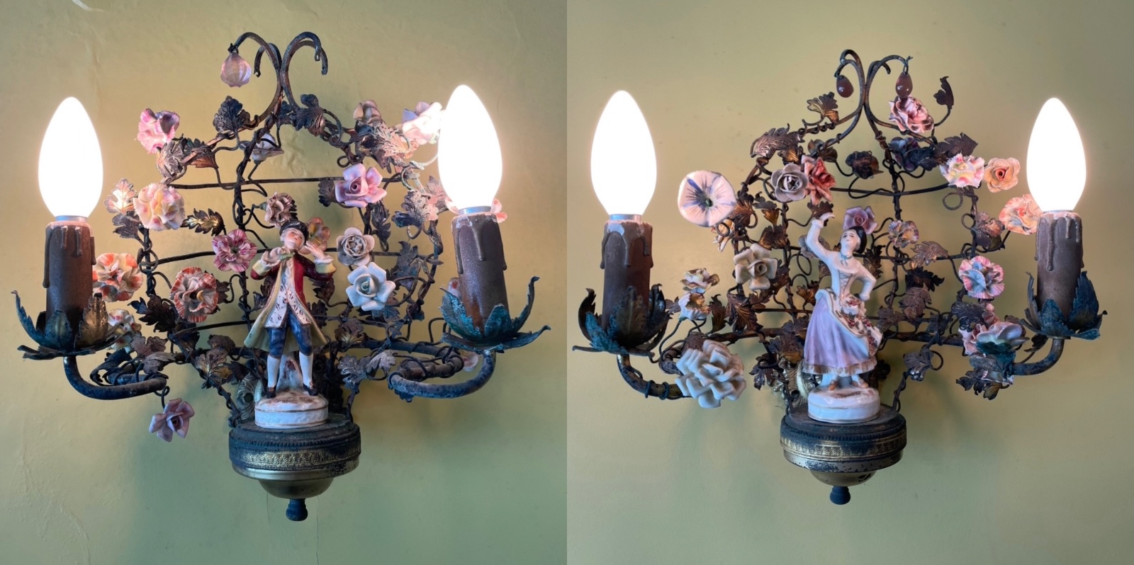 Par de apliques de metal para 2 luzes cada decorados com figuras de... - foto 1 de 5