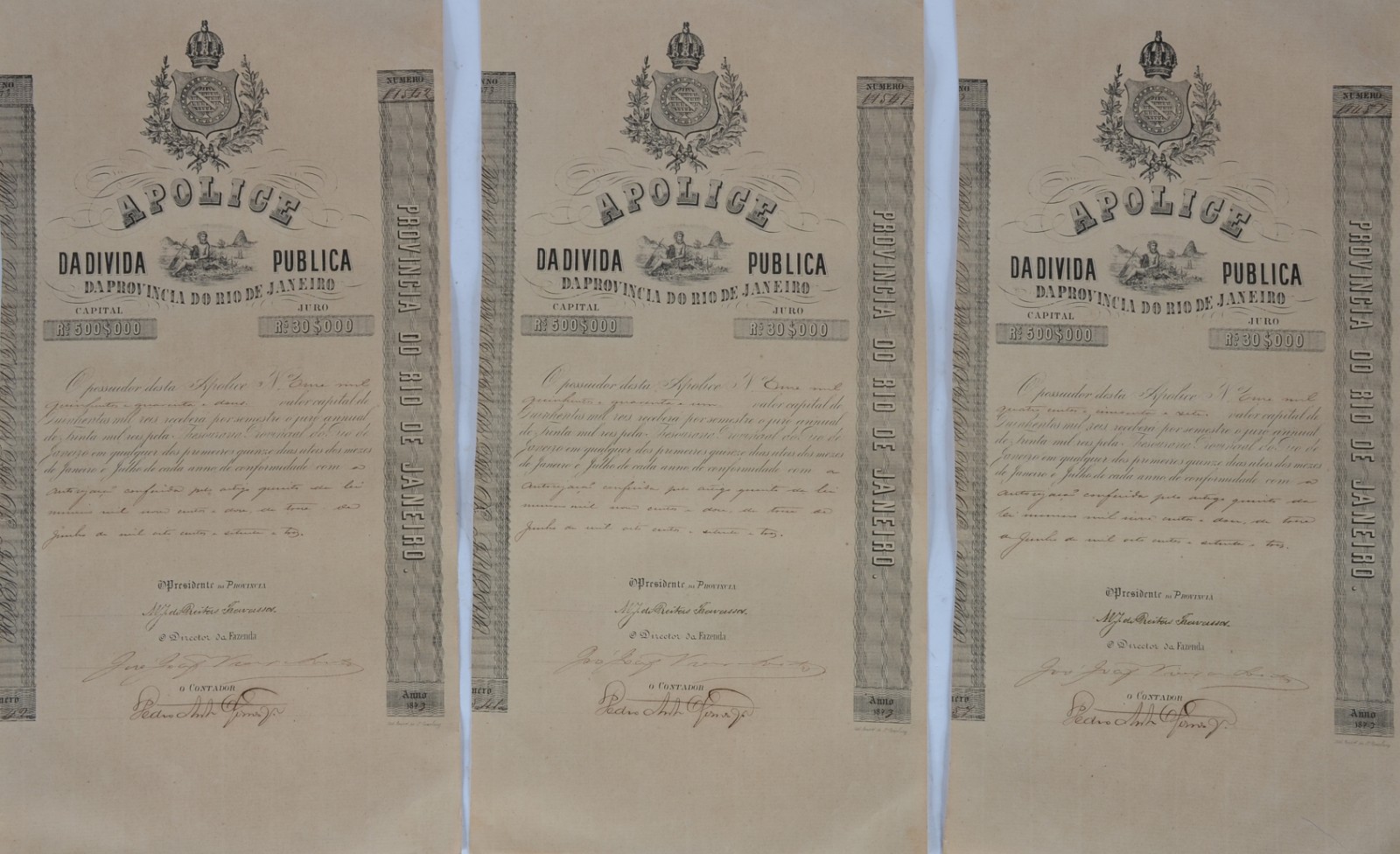 Três apólices de divida pública, datadas 1873. - foto 1 de 6