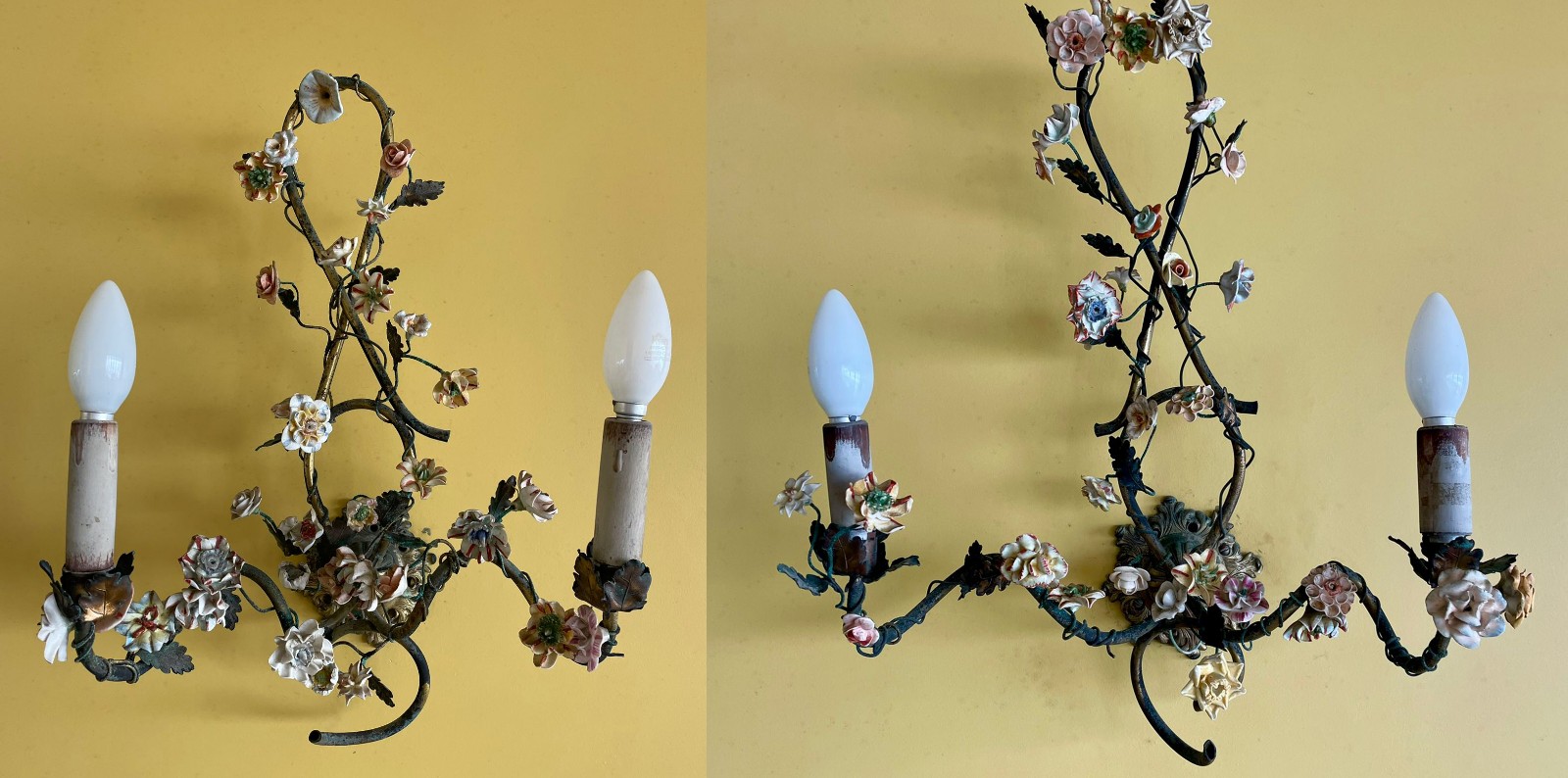 Par de apliques para 2 luzes cada de metal com flores de porcelana... - foto 1 de 4