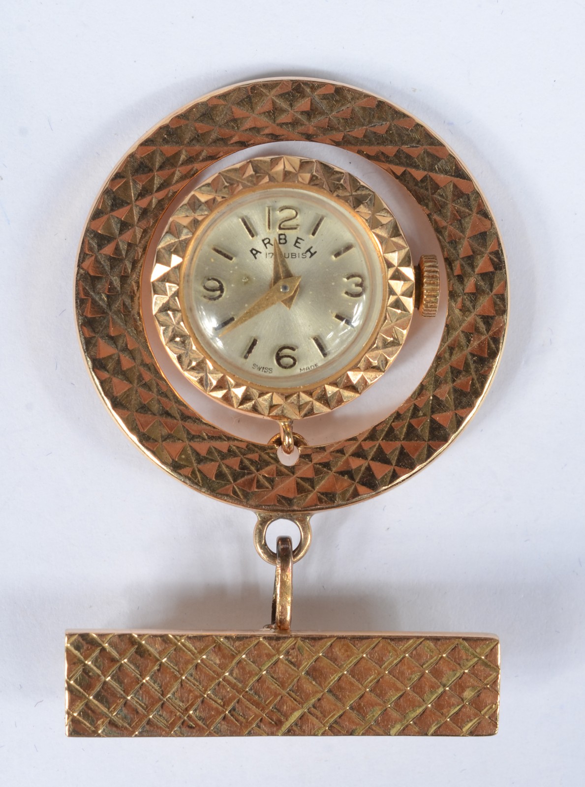 Broche/ relógio suíço, marca Arbeh - 17 rubis de ouro baixo. (Por... - foto 1 de 3