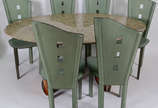Mesa  com pés de madeira clara e cromados  , ta... - Mesa  com pés de madeira clara e cromados  , tampo  em granito cinza extensível ( falta uma tábua de extensão  em madeira clara no tom dos pés) ...