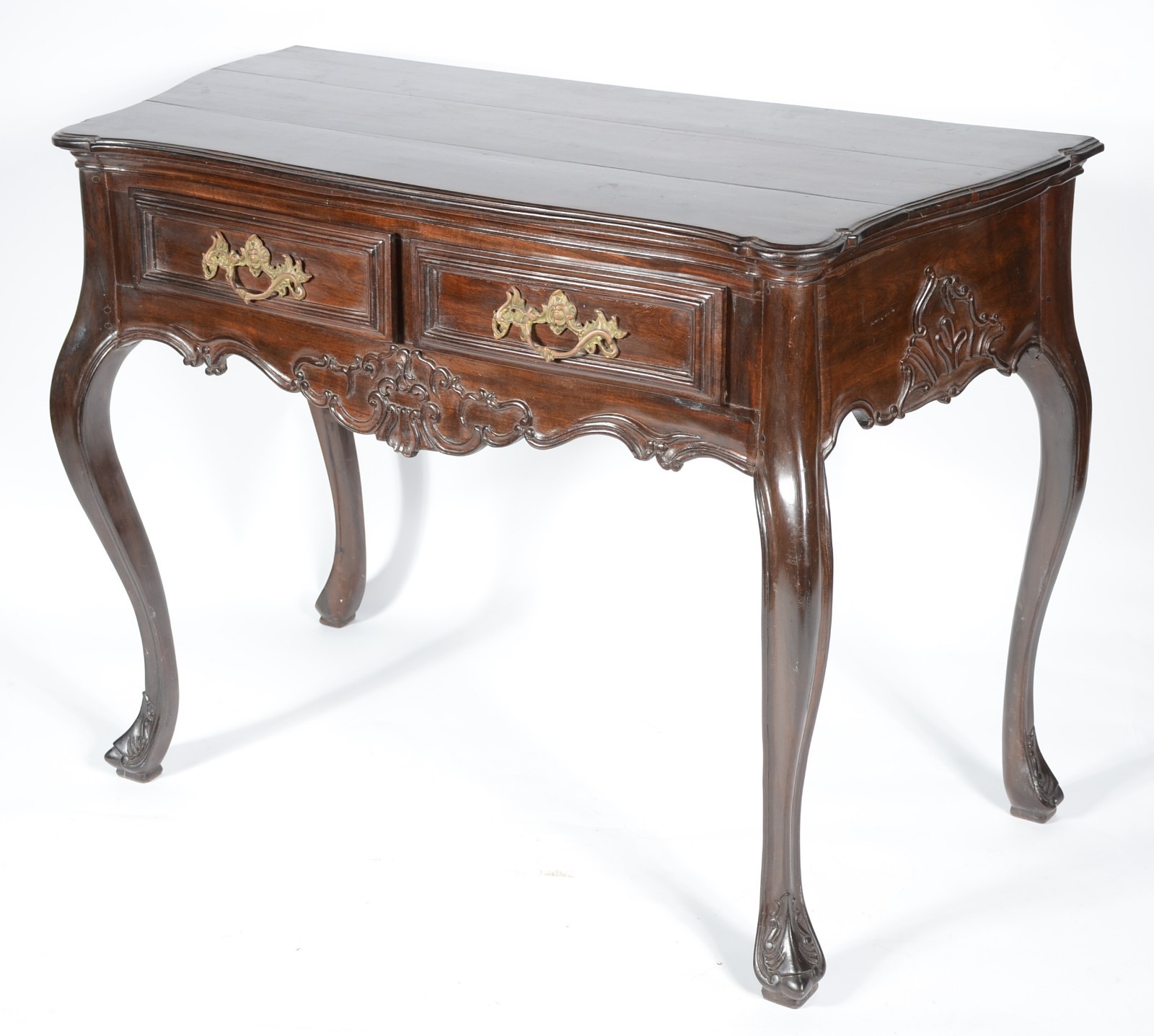 Mesa de encostar de madeira nobre com 2 gavetas, saia recortada... - foto 1 de 11