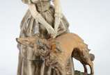 Carmelo Ganci, Dama com cachorro - Grupo escultórico de faiança italiana policromada, assinada C. Ganci (Carmelo Ganci). Pequenos lascados na base.