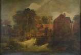 Escola europeia, Paisagem com casas - Óleo sobre tela. Pequenas falhas na tinta.