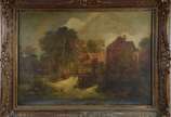 Escola europeia, Paisagem com casas - Óleo sobre tela. Pequenas falhas na tinta.